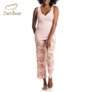 Matching organic cotton maternity robe and baby swaddle set in a soft neutral print