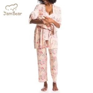 Matching organic cotton maternity robe and baby swaddle set in a soft neutral print