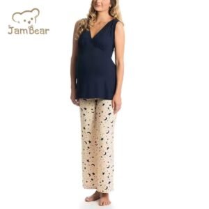 Matching organic cotton maternity robe and baby swaddle set in a soft neutral print