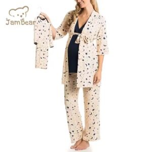 Matching organic cotton maternity robe and baby swaddle set in a soft neutral print