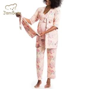 Matching organic cotton maternity robe and baby swaddle set in a soft neutral print