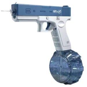 Rechargeable Blue and white toy water guns with transparent reservoirs