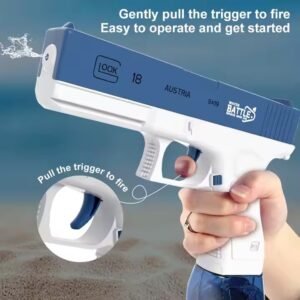 Person holding a blue and white electric water pistol with easy pull trigger action
