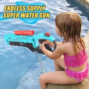 a kid playing with a electric water gun which has endless water suppyl