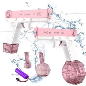 Close-up of TWO electric water guns showing a rechargeable blue battery inside a specialized waterproof compartment with a protective pink cover.