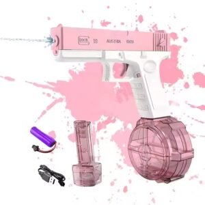Close-up of TWO electric water guns showing a rechargeable blue battery inside a specialized waterproof compartment with a protective pink cover.