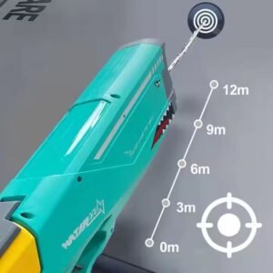 A turquoise shark-themed electric water gun firing a precise water stream at a target, with a graphic overlay showing a shooting range of up to 12 meters.