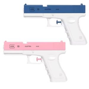 A two-pack set of electric water guns in white with a blue slide and white with a pink slide, featuring Glock-style designs for summer pool fun.