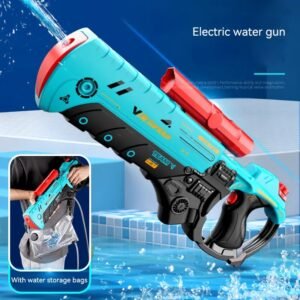 A high-tech cyan and black electric water gun featuring a red scope and an external clear water storage bag for extended playtime.