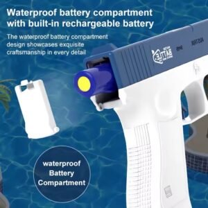 Close-up of an electric water gun showing a built-in rechargeable blue battery inside a specialized waterproof compartment with a protective white cover.