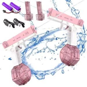 Pair of rechargeable pink and white toy water guns with transparent reservoirs, batteries, and USB chargers