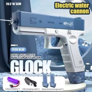 Fully automatic Tech Blue electric water gun with lithium battery, USB charger, and dual tanks