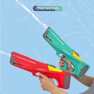 Colorful push‑and‑pull Waterzok water guns with shark face design spraying water in pool play