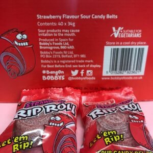 Bobby's Strawberry Rip Roll Sour Fruit Candy Belt 34g Red Packaging