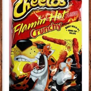 A 92.2g bag of Cheetos Flamin' Hot Crunchy corn snacks featuring Chester Cheetah and the fiery red spicy seasoning.