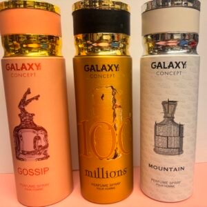 Galaxy Gossip, millions, mountain 200ml perfume spray bottle with flirty and modern feminine branding