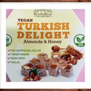 Square pieces of authentic Turkish Delight with embedded whole almond pieces and honey infusion, dusted with icing sugar.