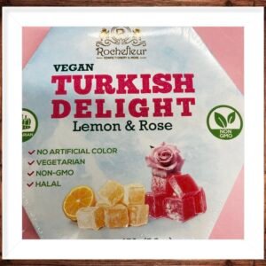 Premium Turkish Delight cubes in lemon and rose flavors, dusted with powdered sugar and certified Halal.