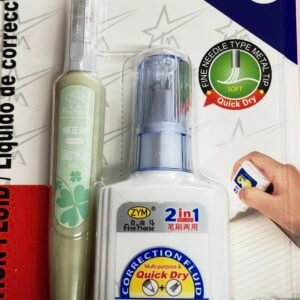 A HAOMAI stationery pack containing a green 8ml correction pen and a white 12ml 2-in-1 correction fluid bottle with brush and metal tip.