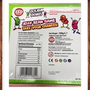 A retail pack of Zed Candy Double Dares Jelly Beans, featuring the "Hot or Not" challenge with a mix of sweet and spicy daring flavors.