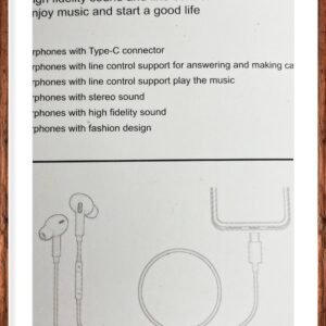 Retail packaging for JH-081 Type-C white wired earphones featuring high-fidelity sound, in-line volume control, and a USB-C connector.