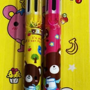 A 2-pack of multi-color shuttle pens featuring six different ink colors and colorful cartoon bear illustrations on the barrels.