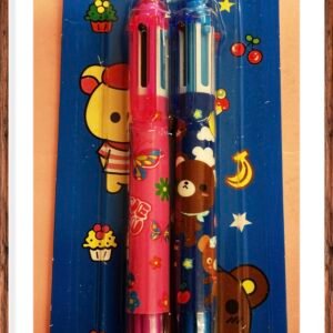 A 2-pack of multi-color shuttle pens featuring six different ink colors and colorful cartoon bear illustrations on the barrels.