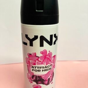 Lynx Attract for Her 150ml body spray bottle with pink and black branding