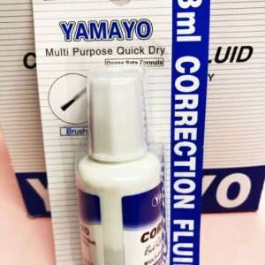 A bottle of white correction fluid with a precision brush applicator showing a smooth white layer over paper.