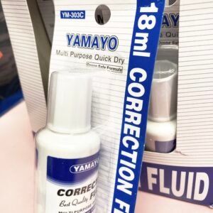 A bottle of white correction fluid with a precision brush applicator showing a smooth white layer over paper.