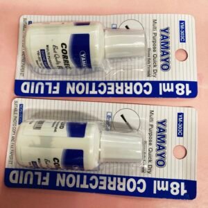 A bottle of white correction fluid with a precision brush applicator showing a smooth white layer over paper.