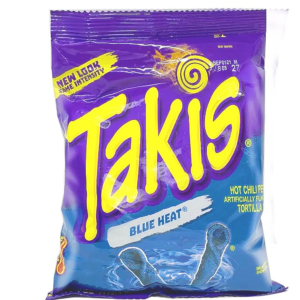 A 55g bag of Takis Blue Heat rolled corn chips, featuring the vibrant blue seasoning and signature spicy flavor.