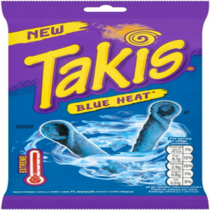 A 55g bag of Takis Blue Heat rolled corn chips, featuring the vibrant blue seasoning and signature spicy flavor.