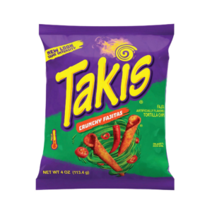 A 92.3g bag of Takis Crunchy Fajitas rolled tortilla chips featuring green and yellow branding and smoky fajita seasoning.