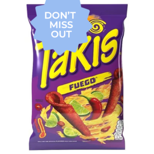 A 55g small purple bag of Takis Fuego rolled tortilla chips, highlighting the hot chili pepper and lime flavor.
