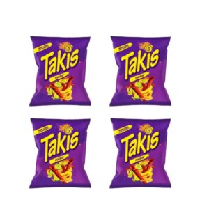 A 55g small purple bag of Takis Fuego rolled tortilla chips, highlighting the hot chili pepper and lime flavor.