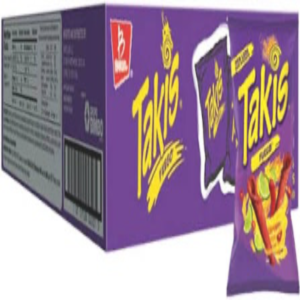 A 90g purple bag of authentic USA imported Takis Fuego rolled tortilla chips with chili and lime seasoning.