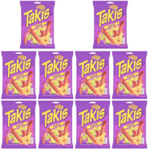 A 90g purple bag of authentic USA imported Takis Fuego rolled tortilla chips with chili and lime seasoning.
