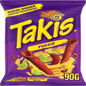 A 90g purple bag of authentic USA imported Takis Fuego rolled tortilla chips with chili and lime seasoning.