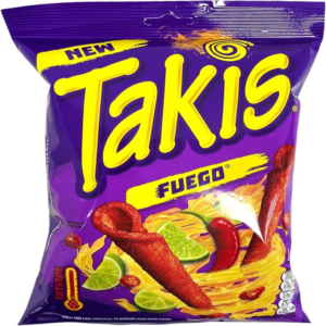 A 180g purple bag of Takis Fuego rolled corn tortilla chips with spicy chili and lime seasoning.