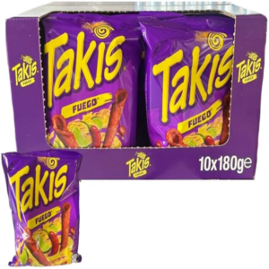 A 180g purple bag of Takis Fuego rolled corn tortilla chips with spicy chili and lime seasoning.