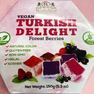 Premium 150g pack of Vegan and Halal-certified Turkish Delight featuring mixed forest berry flavors like raspberry, blueberry, and blackcurrant.