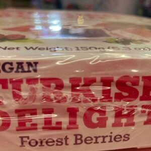 Premium 150g pack of Vegan and Halal-certified Turkish Delight featuring mixed forest berry flavors like raspberry, blueberry, and blackcurrant.
