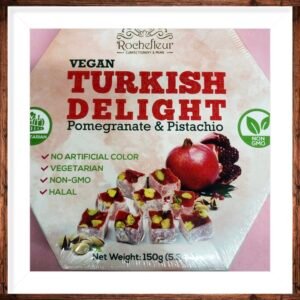 Premium pomegranate-flavored Turkish Delight with crunchy pistachio pieces, certified 100% Vegan and Halal.