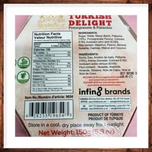 Premium pomegranate-flavored Turkish Delight with crunchy pistachio pieces, certified 100% Vegan and Halal.