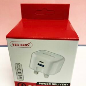 Retail packaging for a Ven-Dens wall charger featuring a white dual-port adapter with USB-C PD 20W and USB-A QC 3.0 ports.