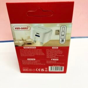 Retail packaging for a Ven-Dens wall charger featuring a white dual-port adapter with USB-C PD 20W and USB-A QC 3.0 ports.