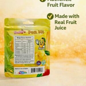 A 65g yellow bag of Daffy’s Peel Me Mango Gummy Candy, showing vibrant, peelable, halal-certified authentic mango-flavored gummies made with real fruit juice.