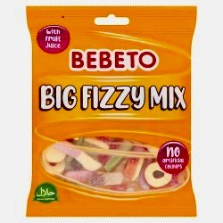 A 150g halal retail bag of Bebeto Big Fizzy Mix featuring an assortment of colorful, sugar-coated fizzy gummy shapes.
