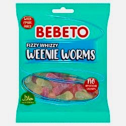 A 150g halal retail bag of Bebeto Fizzy Whizzy Weenie Worms featuring colorful, sugar-coated fizzy gummy worms.